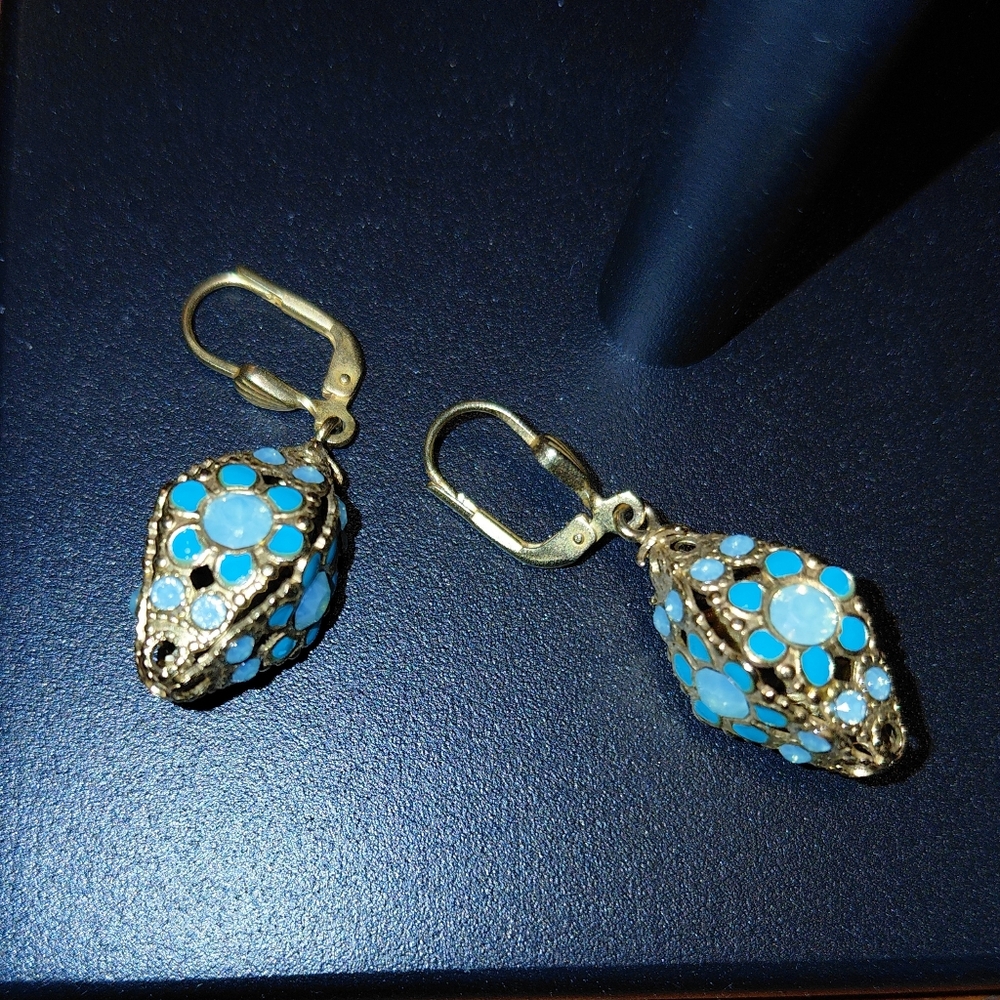 Vintage Gold Metal and Turquoise-color Beads Drop Earrings